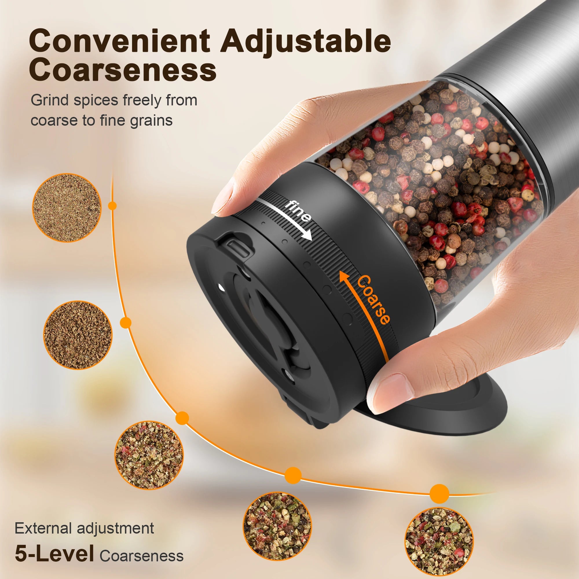 Electric Salt and Pepper Grinder Set  Rechargeable Auto Pepper Mill Shakers with 5 Level Adjustable Coarseness +2 Speed Setting