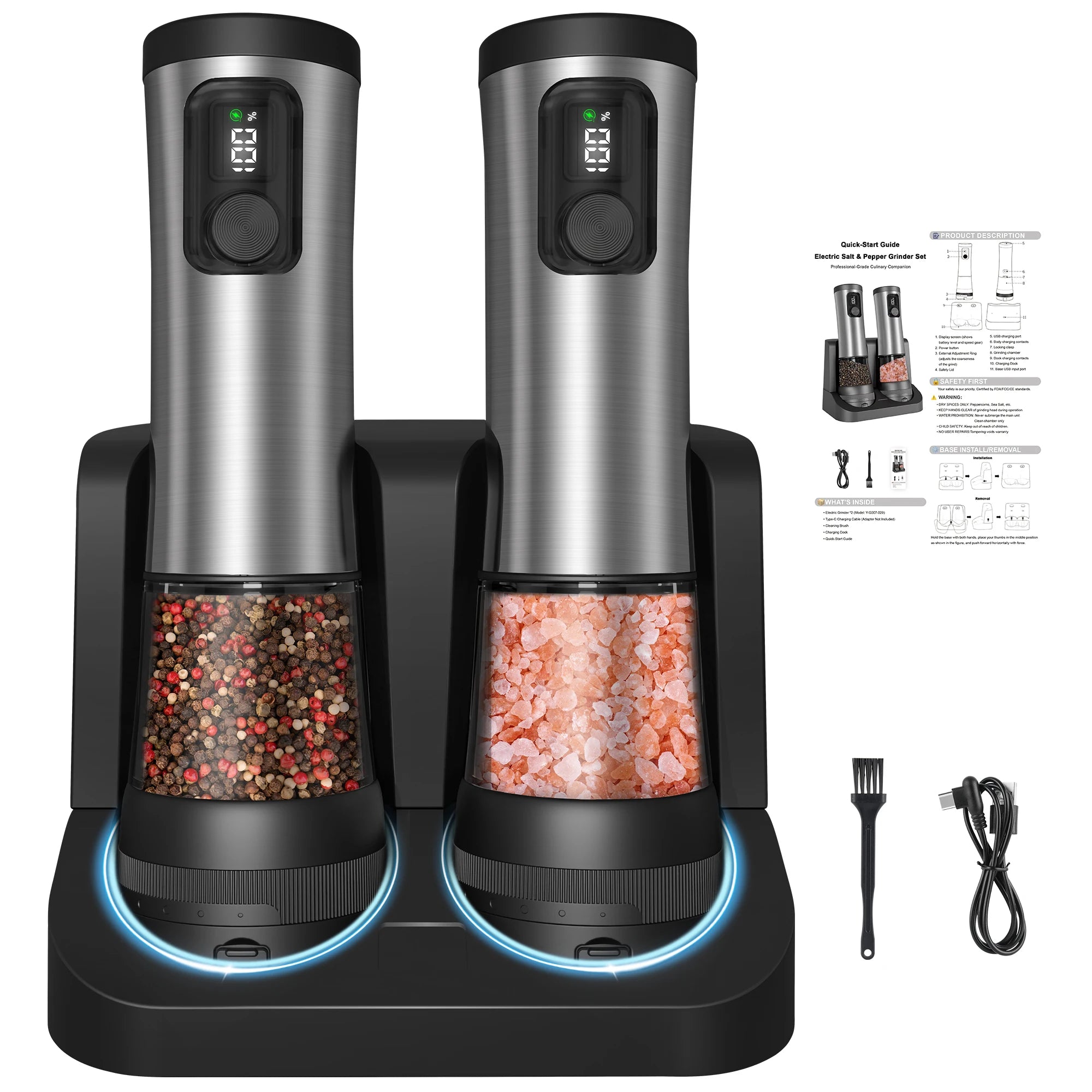 Electric Salt and Pepper Grinder Set  Rechargeable Auto Pepper Mill Shakers with 5 Level Adjustable Coarseness +2 Speed Setting