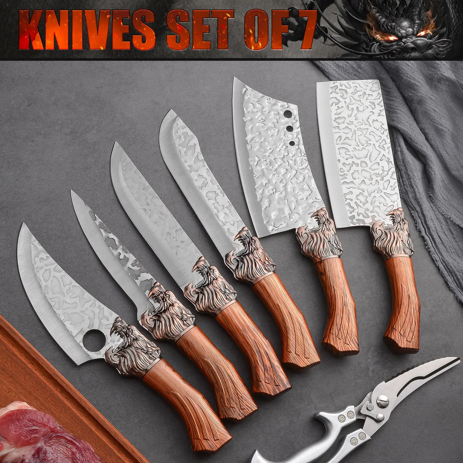 High Quality Stainless Steel Luxury Kitchen Knife Seven-Piece Chinese Kitchen Knife Butcher Set