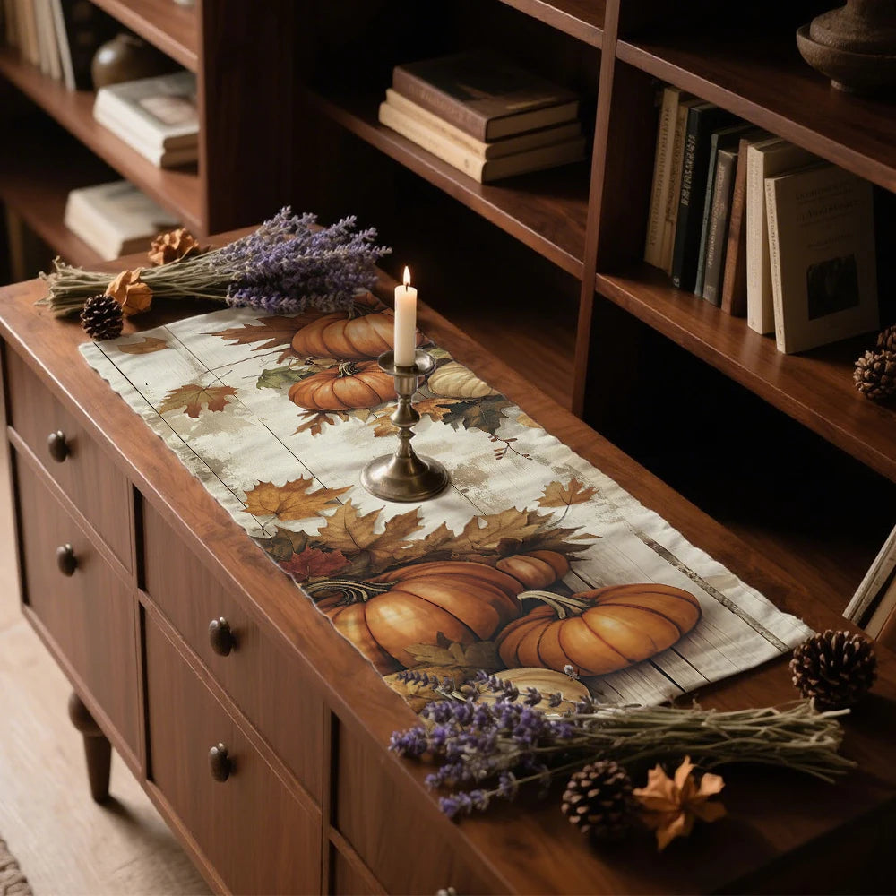 Autumn Pumpkin Table Runner Thanksgiving Orange Pumpkin Maple Leaf Pattern Tabie Decor Autumn Atmosphere Farmhouse Table Decor