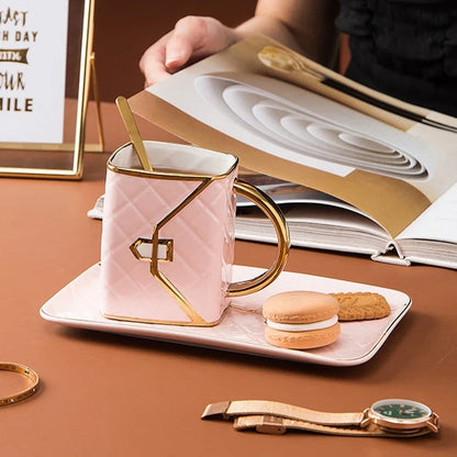 Luxury Ceramic Bag Shaped Coffee Mug with Saucer