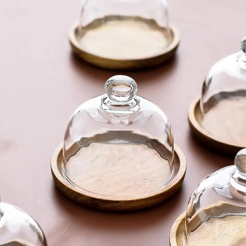 10.5cm Wooden Cake Stands With Dome Cover Plate Glass Stand Lid Dessert Display Fruit Snack Storage Tray Home Kitchen Cake Tools