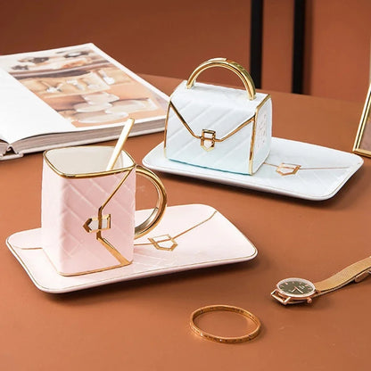 Luxury Ceramic Bag-Shaped Coffee Mug with Saucer