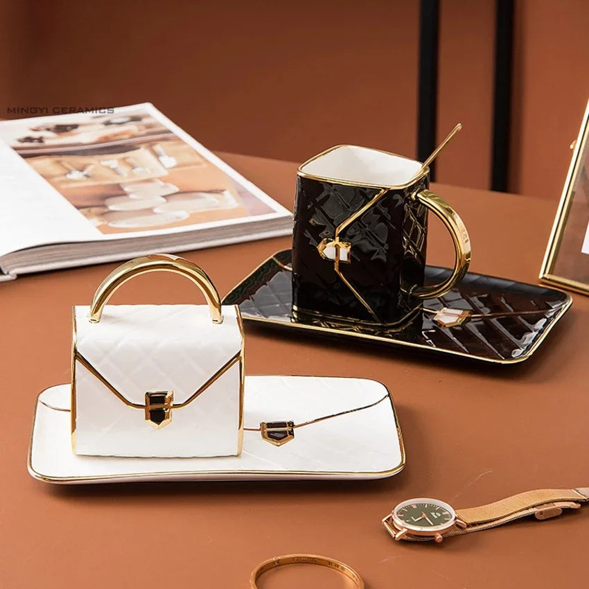 Luxury Ceramic Bag-Shaped Coffee Mug with Saucer
