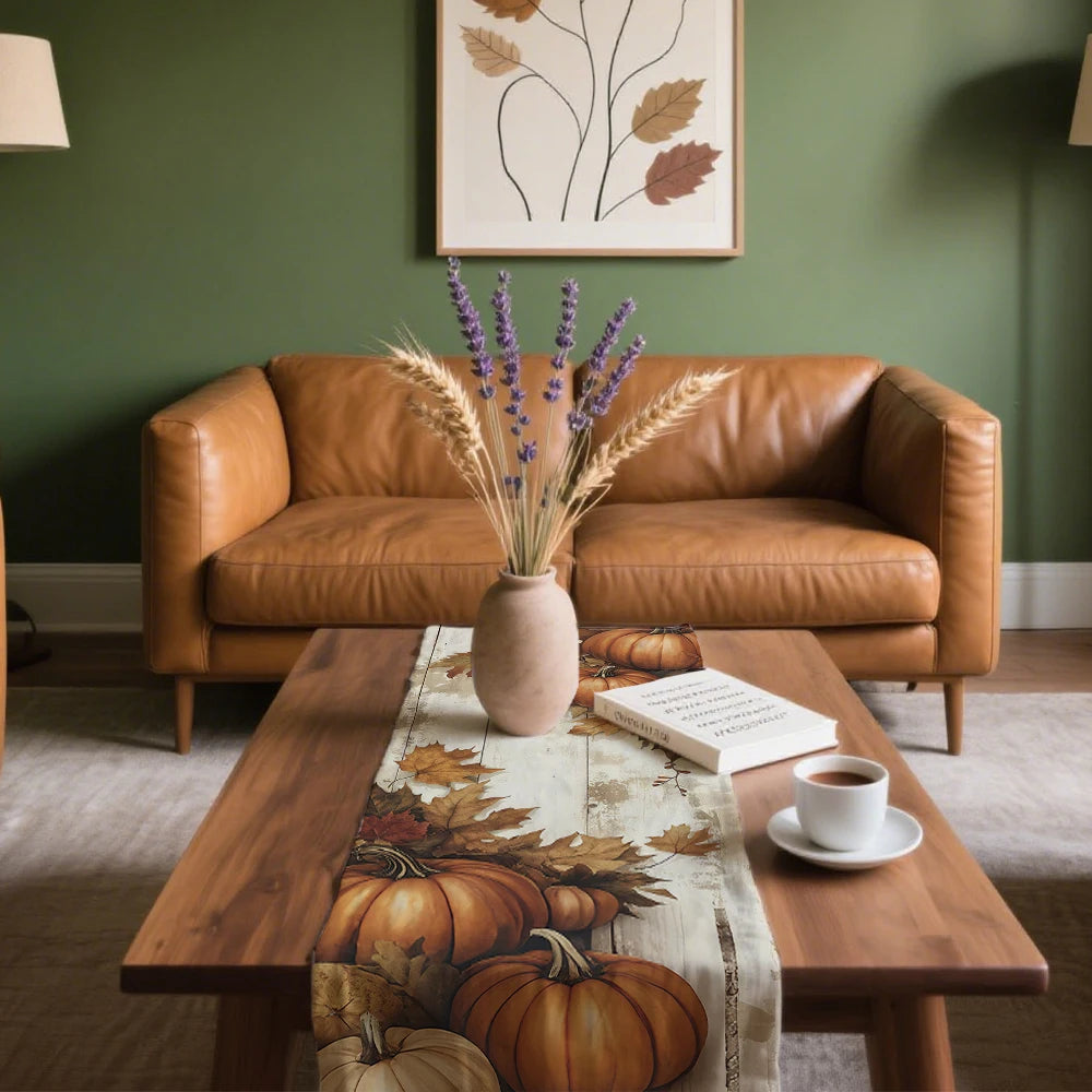 Autumn Pumpkin Table Runner Thanksgiving Orange Pumpkin Maple Leaf Pattern Tabie Decor Autumn Atmosphere Farmhouse Table Decor