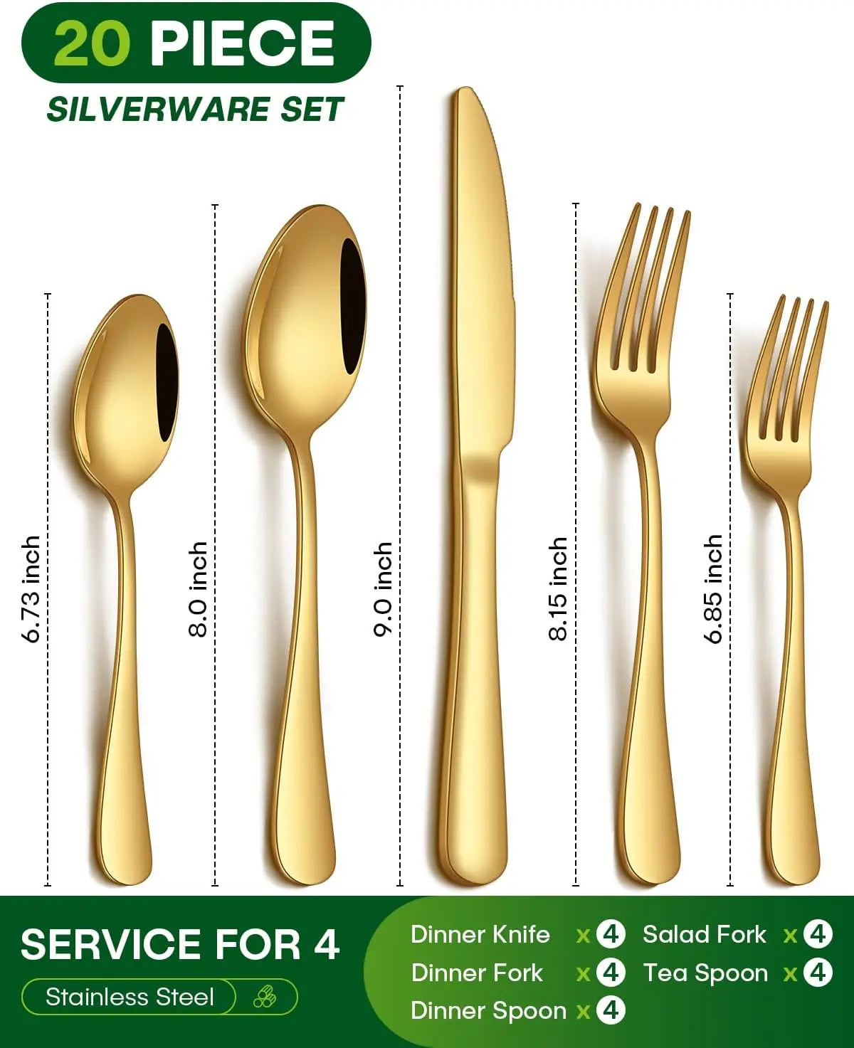 20 Pcs Gold Silverware Set