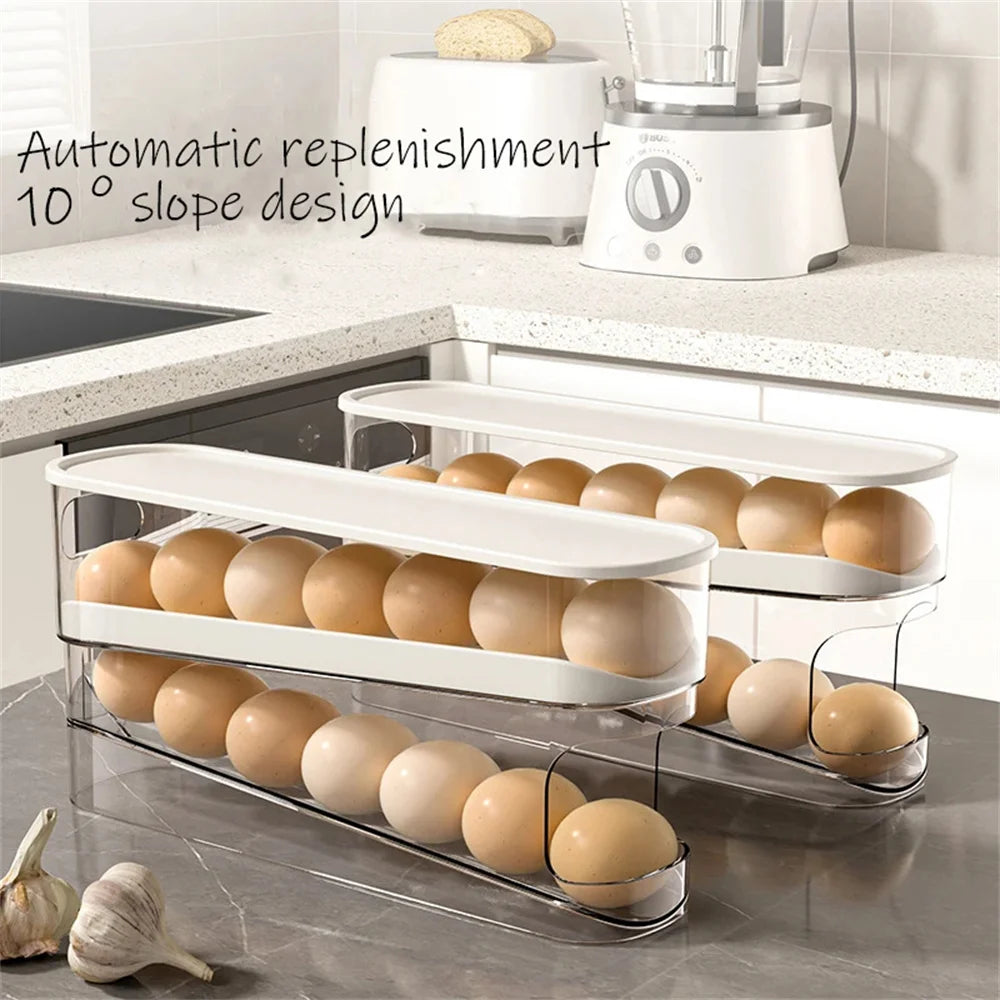 1PC Slide Type Egg Carton Double Automatic Egg Roller Refrigerator Side Door Egg Storage Kitchen Countertop Egg Holder ﻿