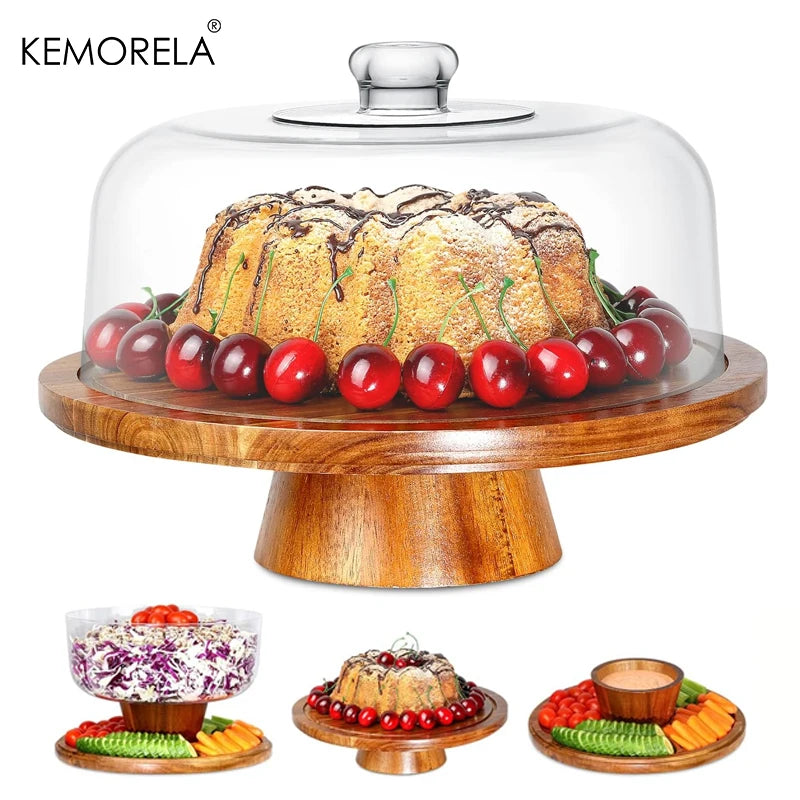 1PCS Acacia Wood Cake Tray High Foot Cake Display Tray Bread Plate With Cover Transparent Glass Cover And Without Lid Cake Stand