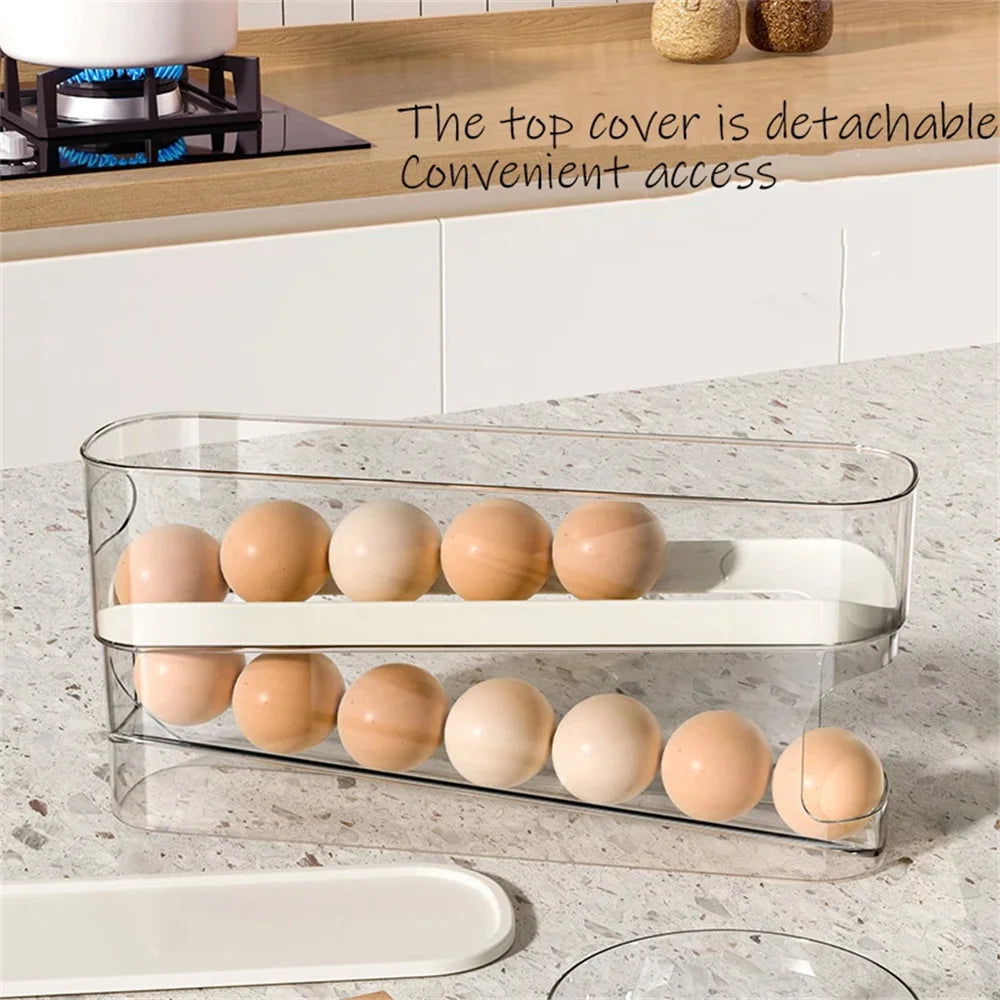 1PC Slide Type Egg Carton Double Automatic Egg Roller Refrigerator Side Door Egg Storage Kitchen Countertop Egg Holder ﻿