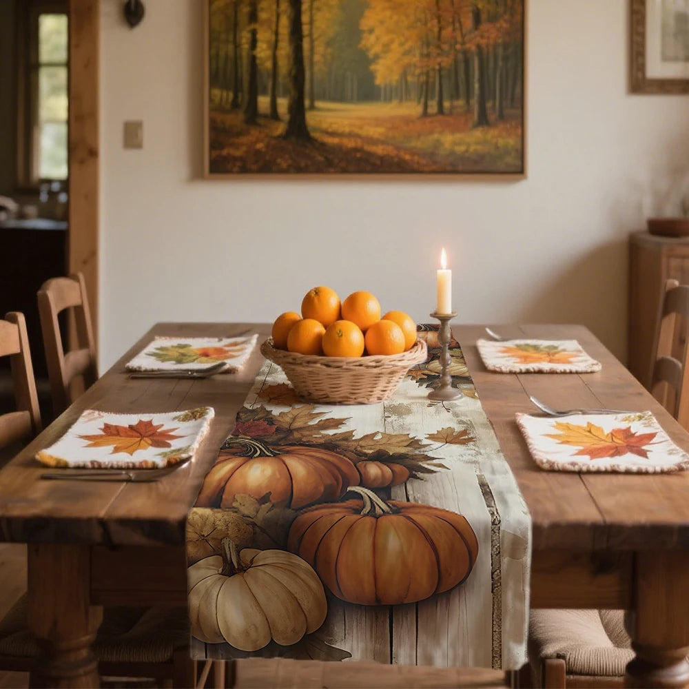 Autumn Pumpkin Table Runner Thanksgiving Orange Pumpkin Maple Leaf Pattern Tabie Decor Autumn Atmosphere Farmhouse Table Decor