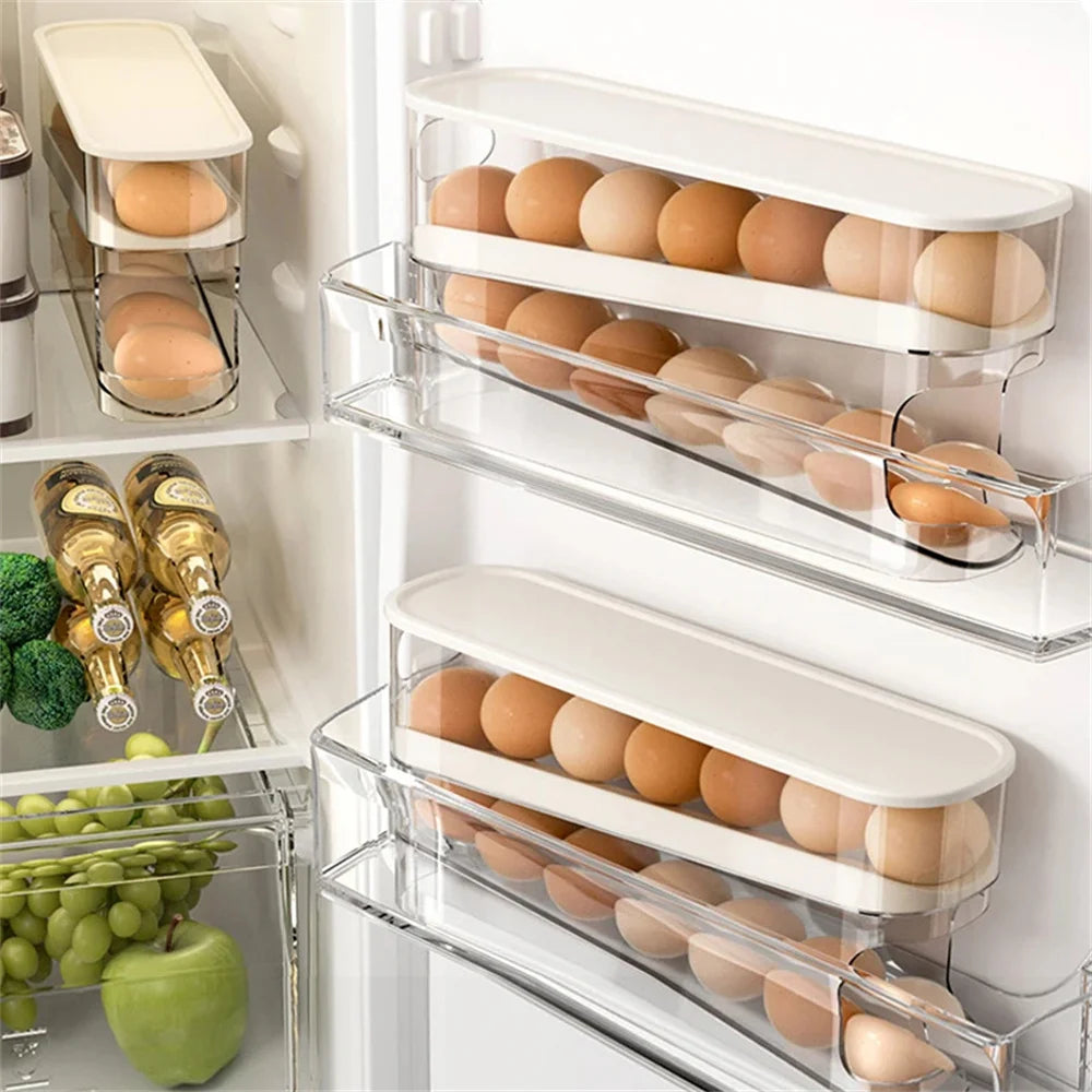 1PC Slide Type Egg Carton Double Automatic Egg Roller Refrigerator Side Door Egg Storage Kitchen Countertop Egg Holder ﻿