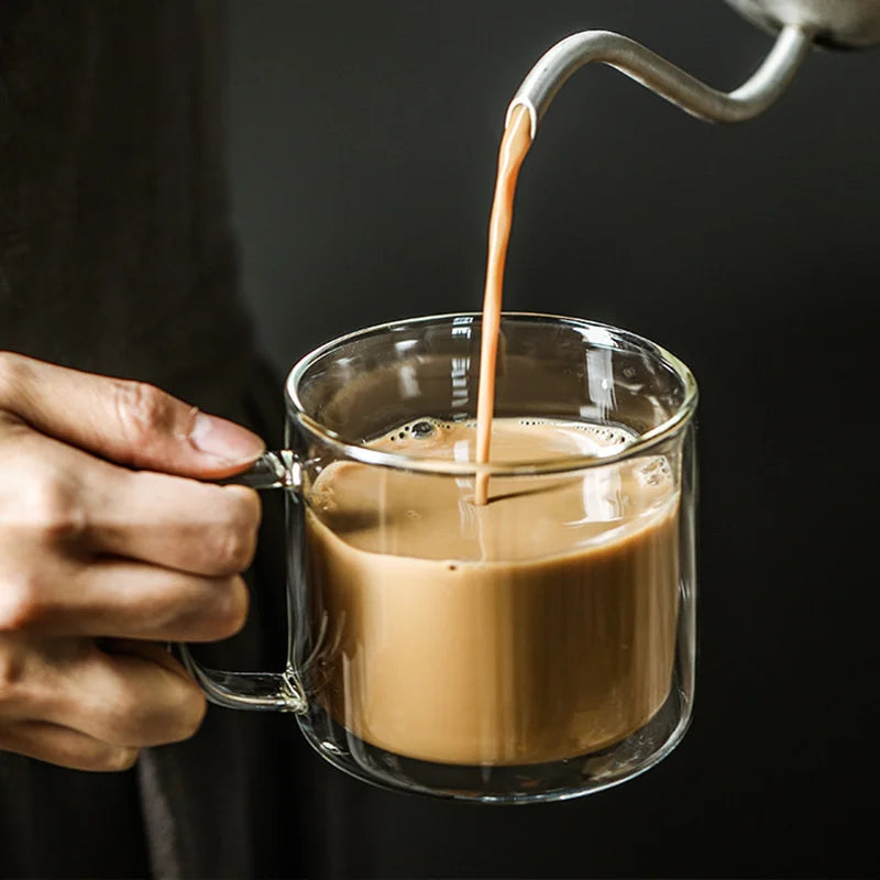 Retro Double Walled Glass Coffee Mug with Handle