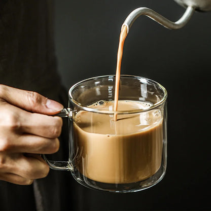 Retro Double Walled Glass Coffee Mug with Handle