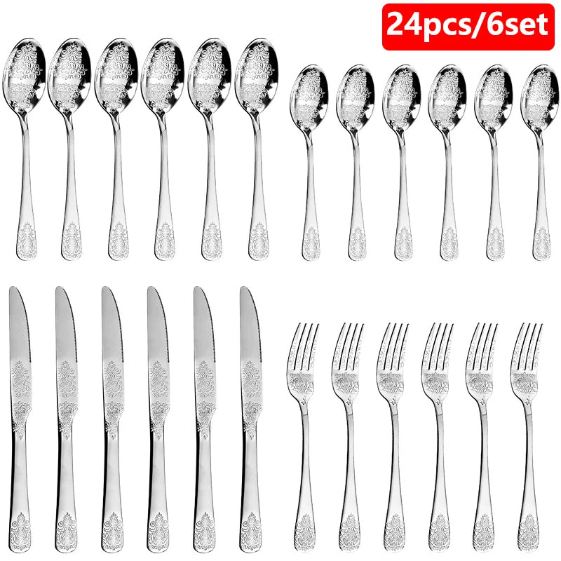 16/24Pcs Silverware Set,304 Stainless Steel Gold Cutlery Kit Mirror Polished Flatware Sets Vintage Carved Utensils Set Tableware