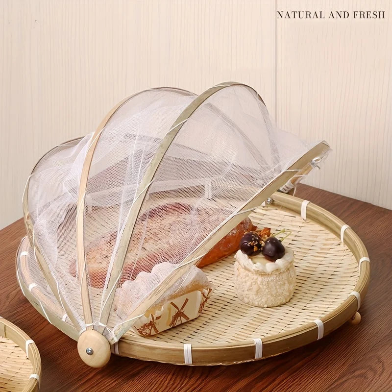 A Large-capacity Handcrafted Wooden Food Cover with A Foldable Mesh Is Practical and Space-saving for Storage