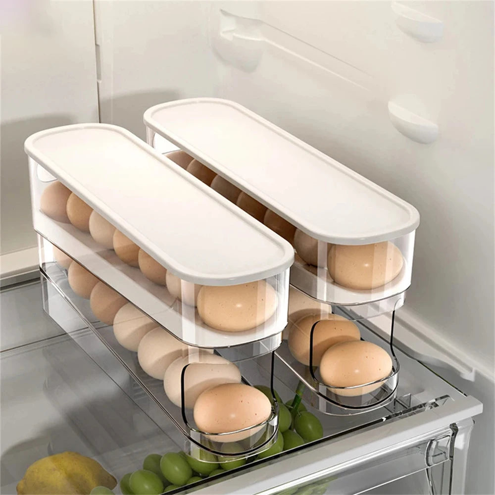 1PC Slide Type Egg Carton Double Automatic Egg Roller Refrigerator Side Door Egg Storage Kitchen Countertop Egg Holder ﻿