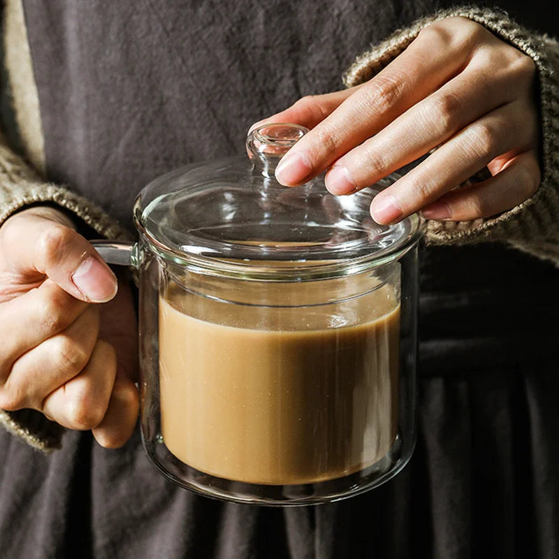 Retro Double Walled Glass Coffee Mug with Handle