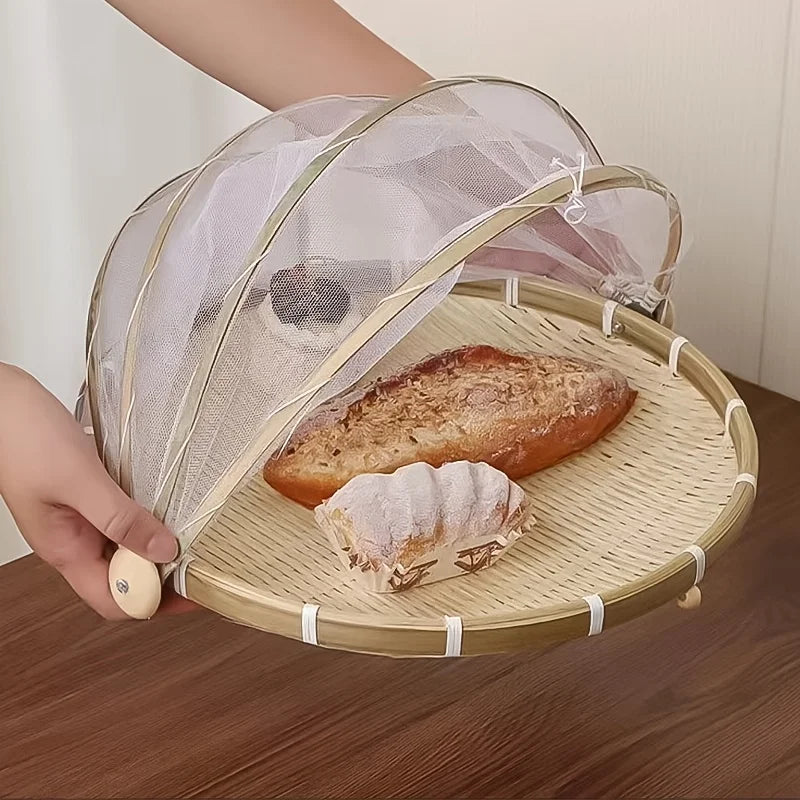 A Large-capacity Handcrafted Wooden Food Cover with A Foldable Mesh Is Practical and Space-saving for Storage