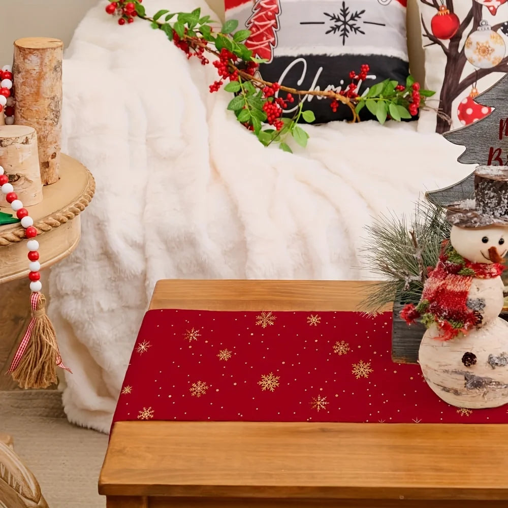 Christmas Table Runner Rectangular Festive Table Decoration, Red Christmas Trees and Snowflakes Design for Holiday Tablecloth