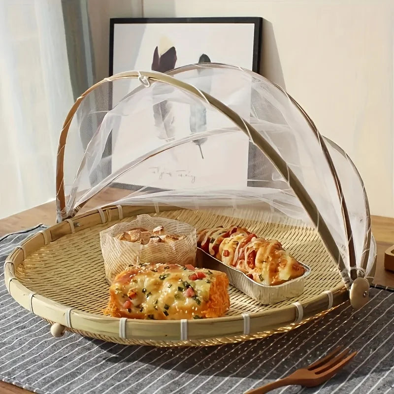 A Large-capacity Handcrafted Wooden Food Cover with A Foldable Mesh Is Practical and Space-saving for Storage