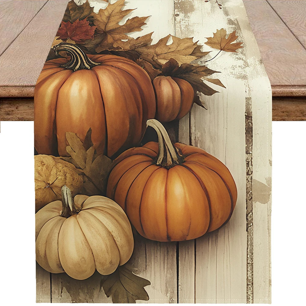 Autumn Pumpkin Table Runner Thanksgiving Orange Pumpkin Maple Leaf Pattern Tabie Decor Autumn Atmosphere Farmhouse Table Decor