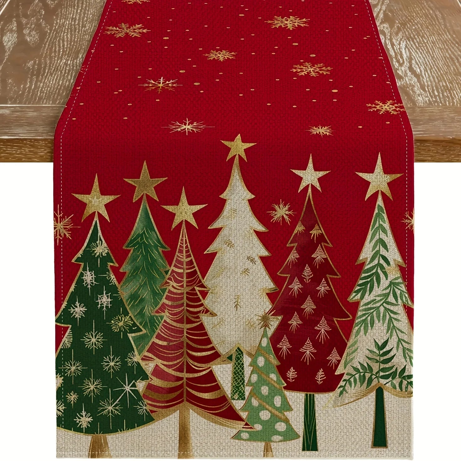 Christmas Table Runner Rectangular Festive Table Decoration, Red Christmas Trees and Snowflakes Design for Holiday Tablecloth