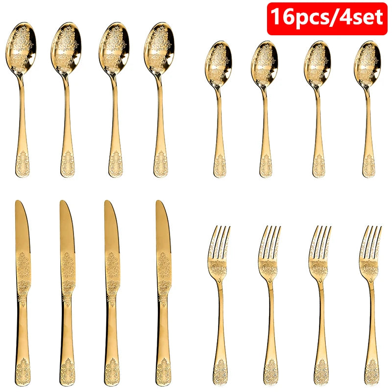 16/24Pcs Silverware Set,304 Stainless Steel Gold Cutlery Kit Mirror Polished Flatware Sets Vintage Carved Utensils Set Tableware