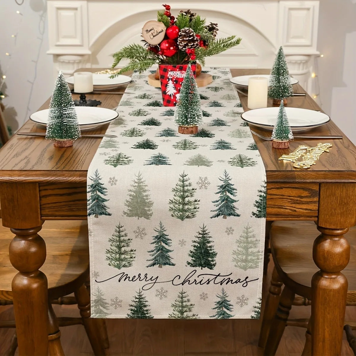 Christmas Table Runner Rectangular Festive Table Decoration, Red Christmas Trees and Snowflakes Design for Holiday Tablecloth
