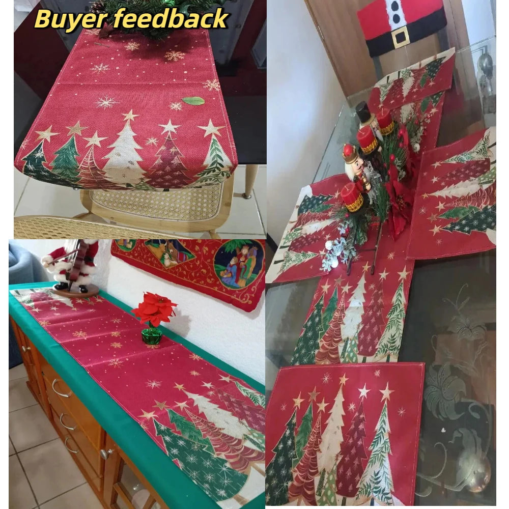Christmas Table Runner Rectangular Festive Table Decoration, Red Christmas Trees and Snowflakes Design for Holiday Tablecloth