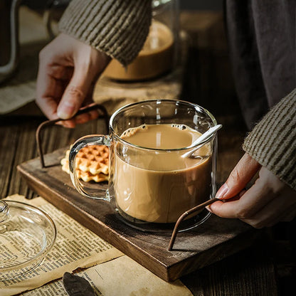 Retro Double Walled Glass Coffee Mug with Handle
