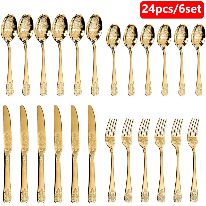 16/24Pcs Silverware Set,304 Stainless Steel Gold Cutlery Kit Mirror Polished Flatware Sets Vintage Carved Utensils Set Tableware
