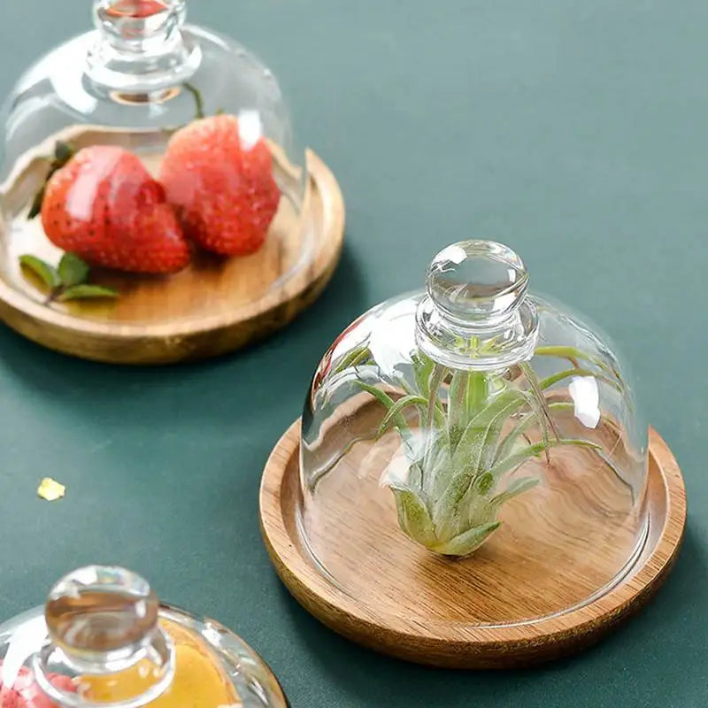 10.5cm Wooden Cake Stands With Dome Cover Plate Glass Stand Lid Dessert Display Fruit Snack Storage Tray Home Kitchen Cake Tools