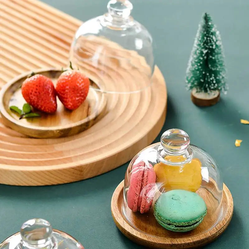 10.5cm Wooden Cake Stands With Dome Cover Plate Glass Stand Lid Dessert Display Fruit Snack Storage Tray Home Kitchen Cake Tools