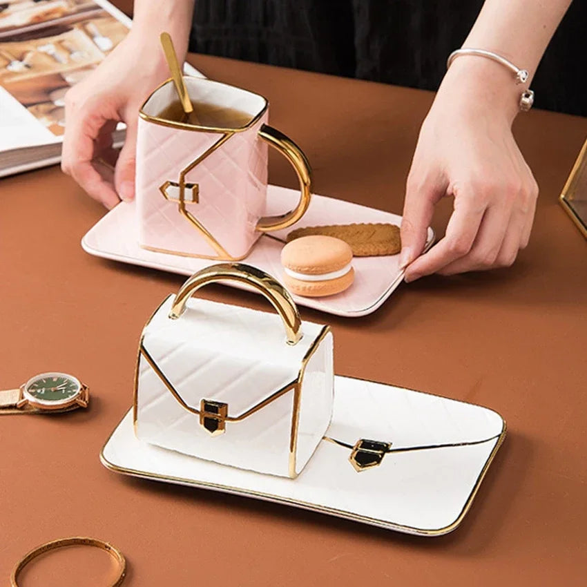 Luxury Ceramic Bag-Shaped Coffee Mug with Saucer