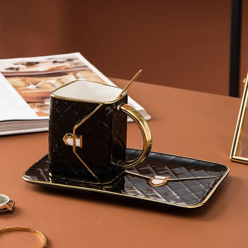 Luxury Ceramic Bag-Shaped Coffee Mug with Saucer