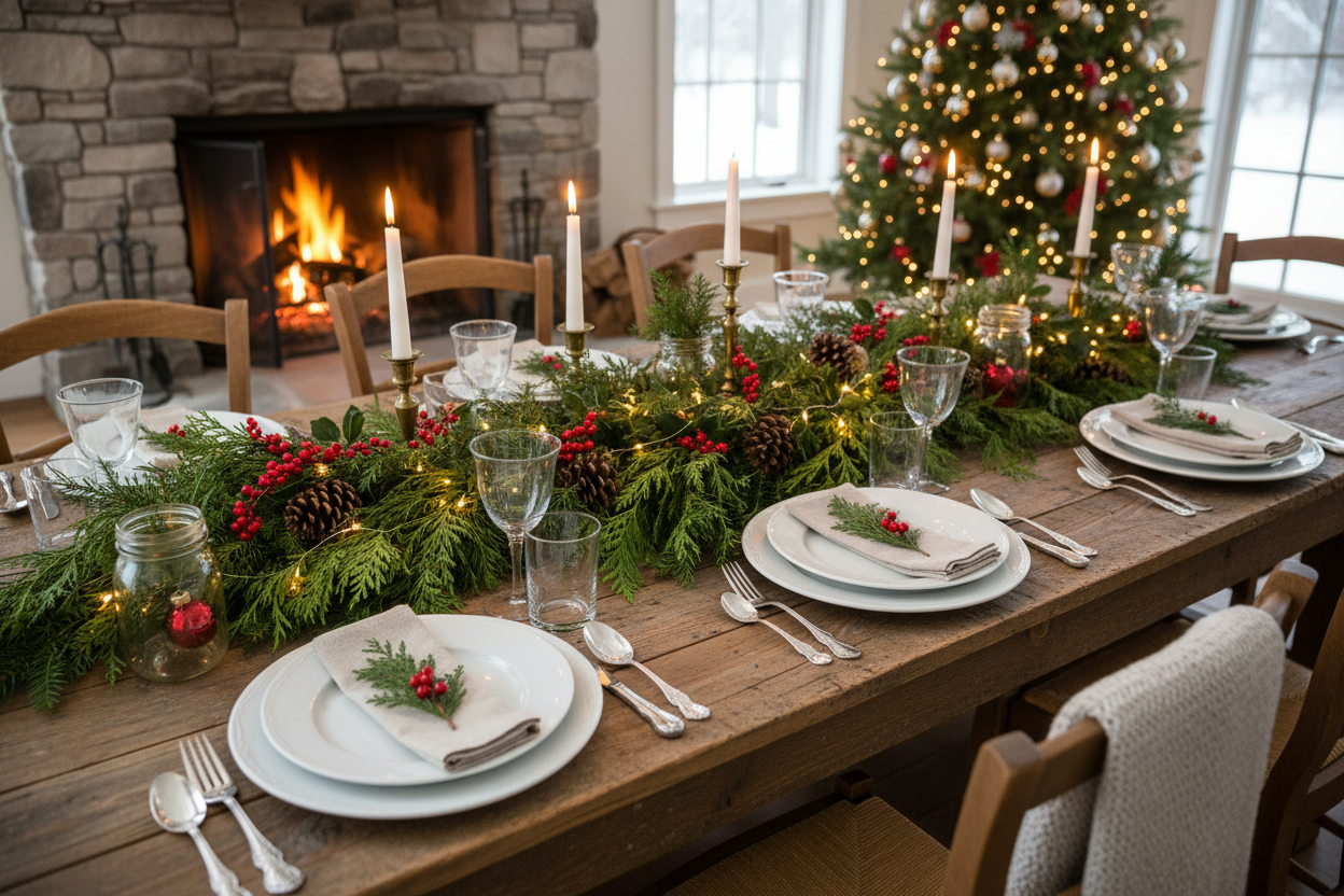 christmas decorated farm style dinner set up table